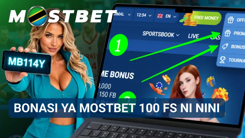 Mchezoro wa bonasi ya 100 FS unaonekana kwenye skrini ya simu iliyo na nembo ya MostBet.