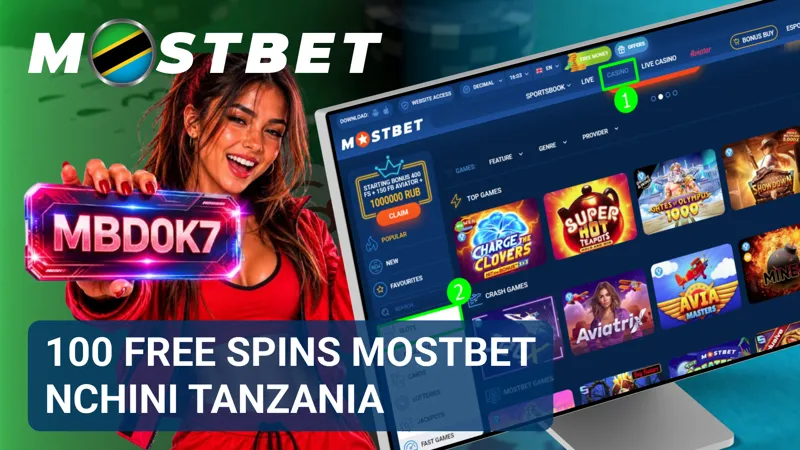 Bango la MostBet linaonyesha mizunguko 100 ya bure pamoja na alama za mashine za slot kwa soko la Tanzania.