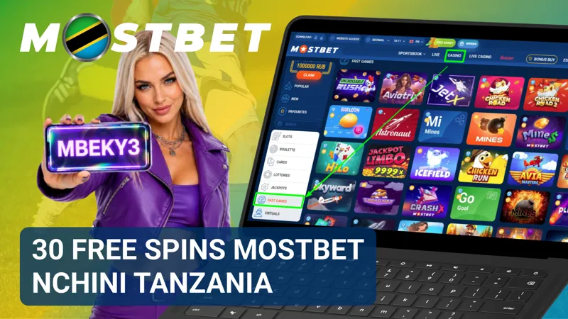 Bango la kidijitali linaonyesha mizunguko 30 ya bure, nembo ya MostBet na mandhari ya Tanzania.
