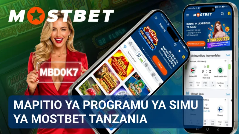 Skrini ya programu ya MostBet Tanzania inaonyesha huduma za dau, kasino na akaunti kwenye simu.