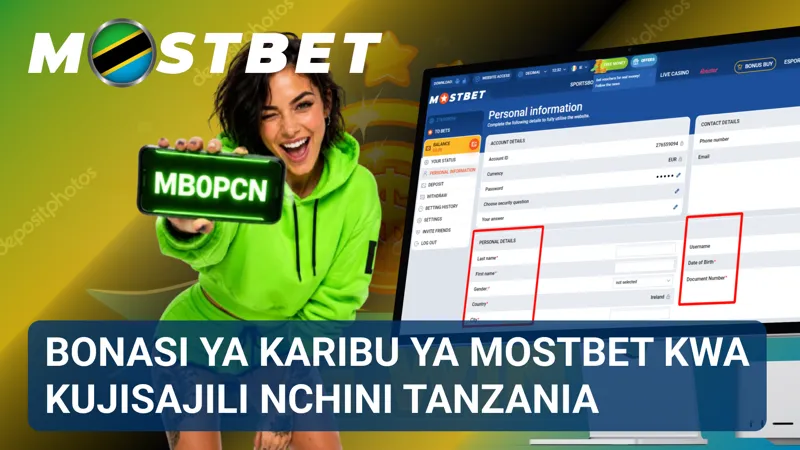 Bango la usajili linaonyesha zawadi ya kukaribisha, nembo ya MostBet na alama za Tanzania.